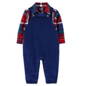 NEW NWT Boys Sz 12 Months Lightweight Corduroy Overalls & Plaid Shirt 2 Pc Set